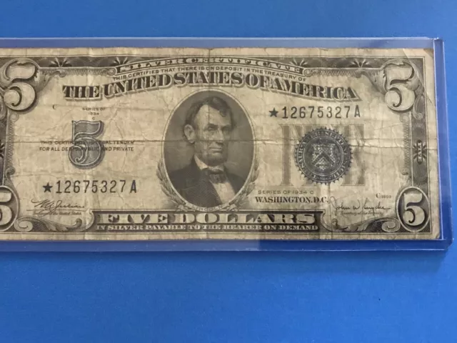 1934 C  $5 Five Dollar Silver Certificate "STAR NOTE" ..Lot #8