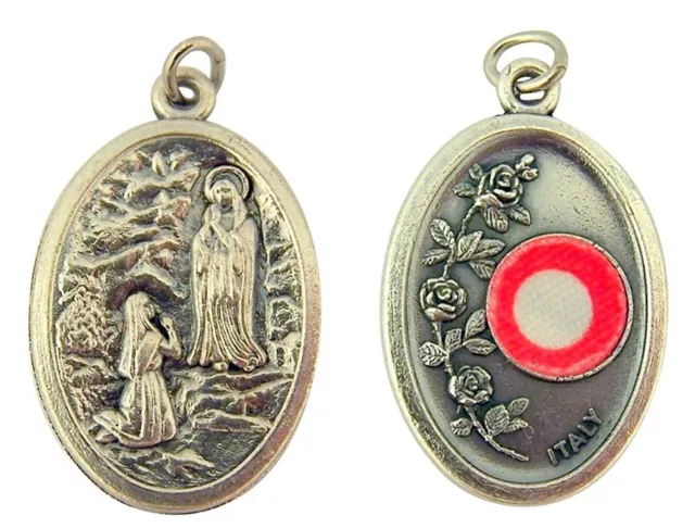 Our Lady of Lourdes Silver Tone 3rd Class Relic Medal Pendant,  1 Inch