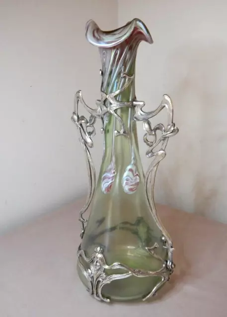 Art Nouveau European Iridescent Drip Gaze Glass Vase With Silvered Metal Mounted 2