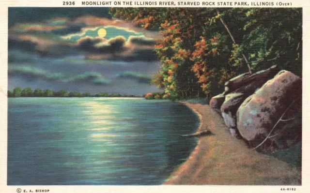 Vintage Postcard Moonlight On Illinois River Starved Rock State Park Illinois IL