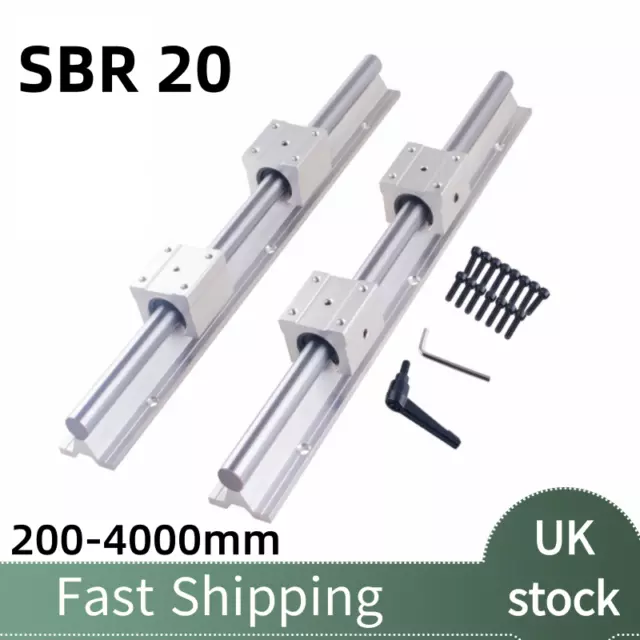 2x SBR20-200mm~4000mm Linear Silde Rail Guide Shaft 4x SBR20UU Bearing Block CNC