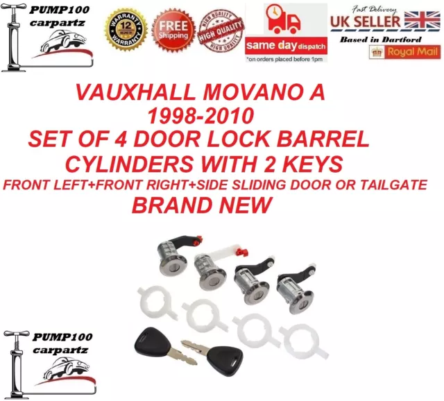 For Vauxhall Movano 1998-2010  Set Of 4 Door Lock Barrel Cylinder & 2 Keys New