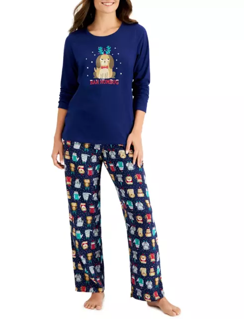 FAMILY PAJAMAS Women's 2-Piece Bah Humbug Dogs Pajama Set sz 2XL XX-Large Blue