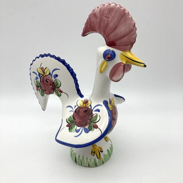 Vintage Portugal Lucky Rooster Ceramic Hand Painted Folk Art Figurine Floral 8''