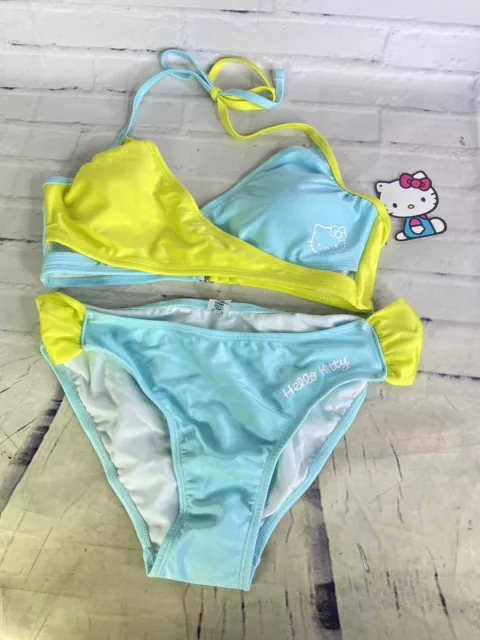 Hello Kitty Aqua Lime Crossover Bikini Top Bottom Swim Set Swimwear Juniors L