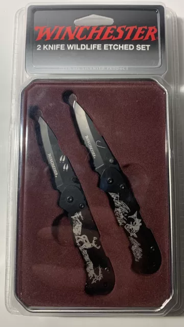 WILDLIFE ETCHED WINCHESTER 2 Knife Set Buck Hunting Bass Fishing  Outdoorsman $29.99 - PicClick