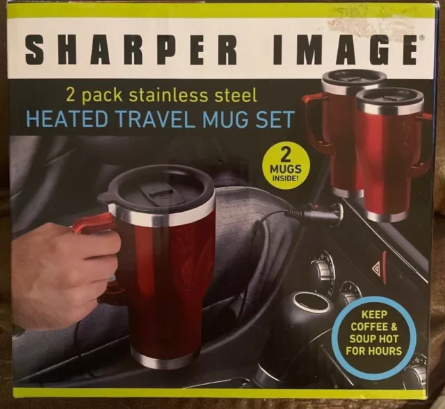 Sharper Image 2 Pack Stainless Steel Heated Travel Mug Set Red 14oz 12V NEW