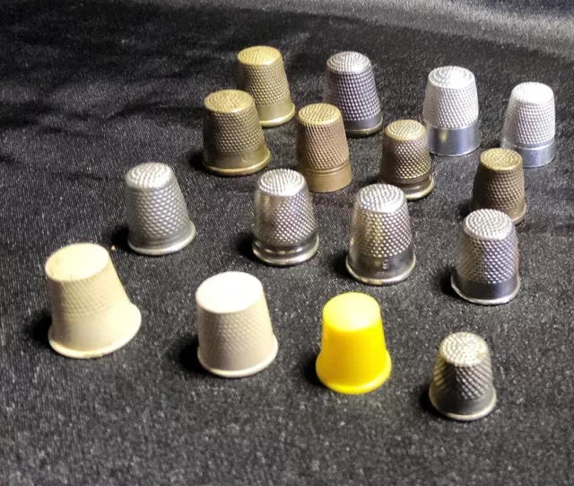 Job Lot of 16 Vintage Sewing Thimbles- brass, nickel and plastic , various sizes