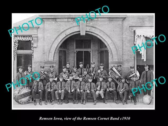 OLD POSTCARD SIZE PHOTO OF REMSEN IOWA THE REMSEM CORONET BAND c1910