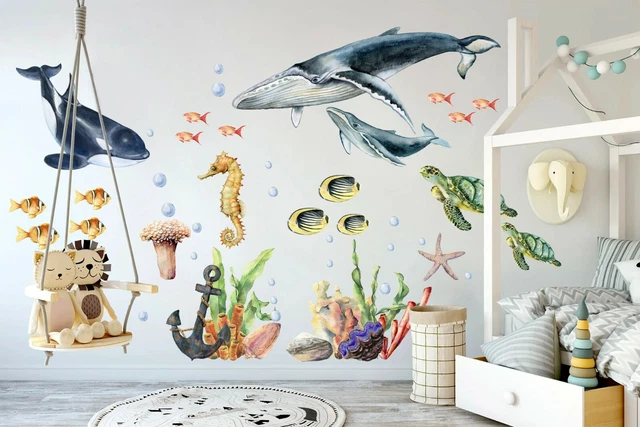 Autocollant Mural Amovible Baleine Sirène Tortue Hippocampe - Déco Chambre Bébé Fille Garçon