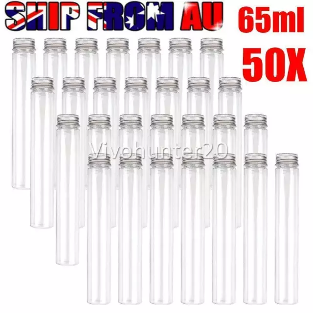 50x Clear Plastic Test Tubes with Metal Cap Screw Lid for Wedding Party 65ML