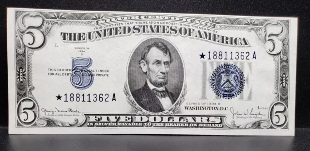 1934D $5 Star Note Blue Seal Silver Certificate-Crisp Uncirculated
