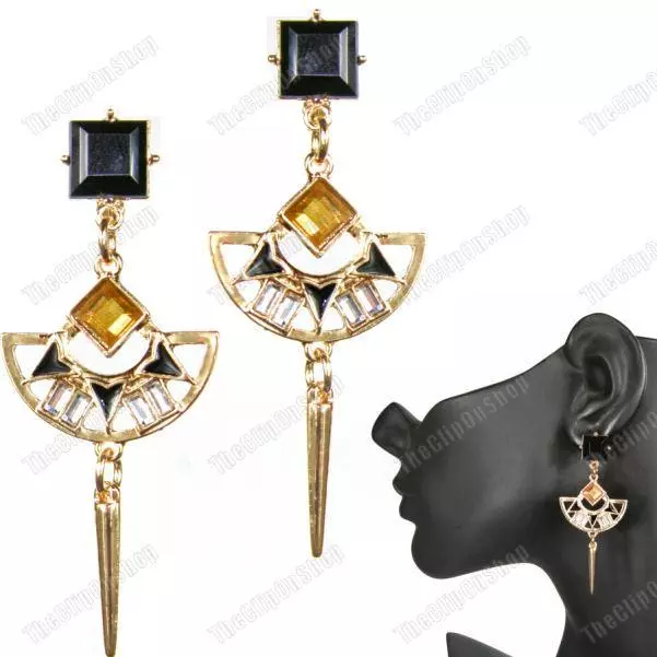 BOUCLES D'OREILLES MODE OR REVIVAL ÉGYPTIEN art déco style vintage lustre pointe