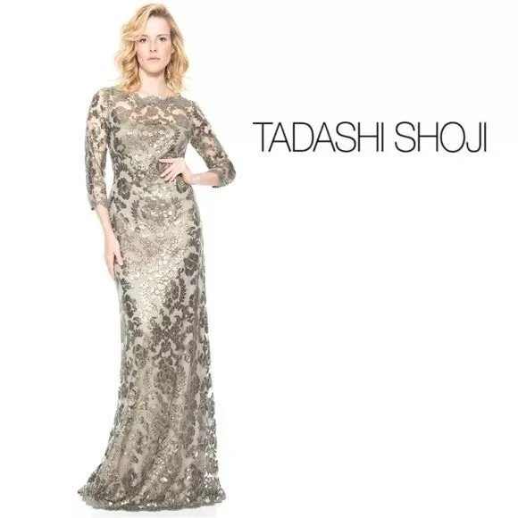 Tadashi Shoji 6 Sequin Gown Maxi Dress Gray Metallic Sheer Osprey Bateau 3/4