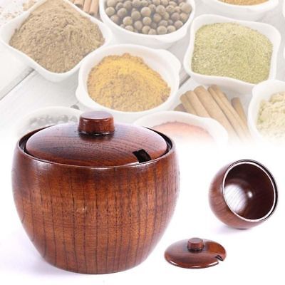 Wood Spice Jar Seasoning Box Salt Sugar Spoon Kitchen Condiment Bowl Storage Lid