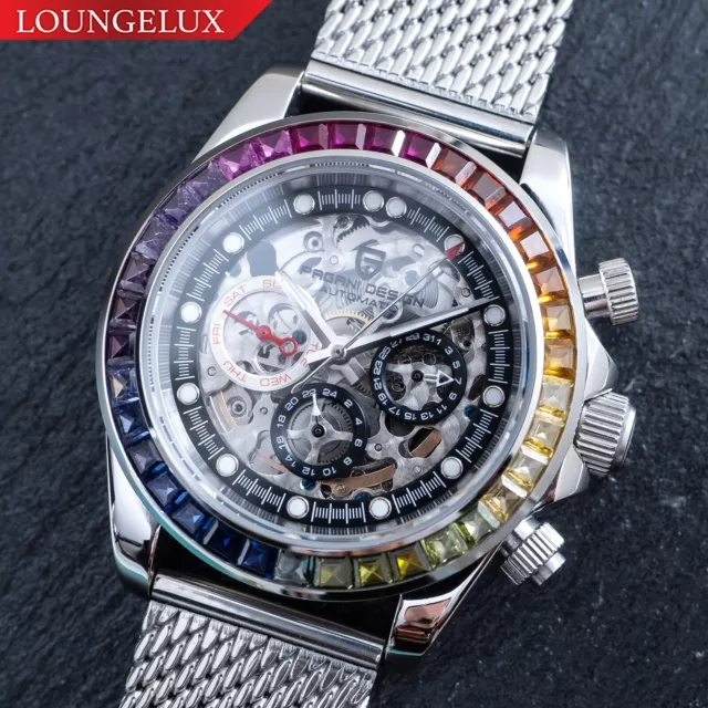 40mm Automatic Mechanical Watch Silver Chrome Rainbow Cubics with Mesh Strap