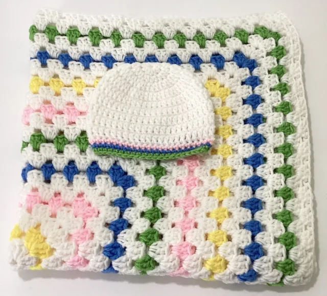 New Handmade knitted Baby blaket and hat Boy Girl Blue White Yellow Pink