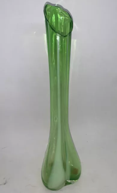 Art Glass Green White Swirl Swung Bulb Base Genuine Hand Blown 11" Vase Vintage