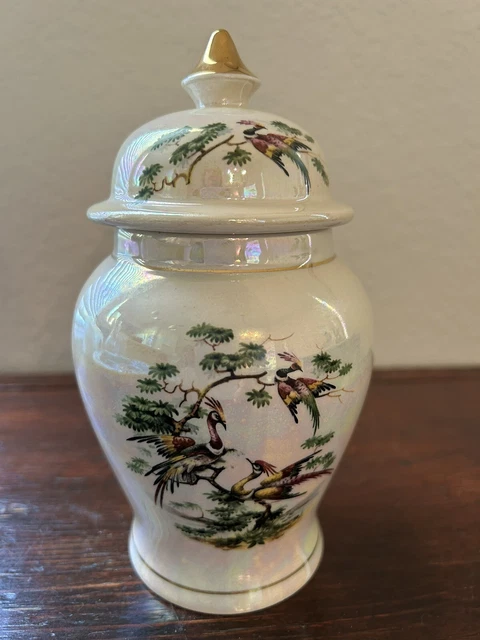 Vintage Porcelain Transfer-ware Covered Asian Jar Urn Sadler England Birds Gold