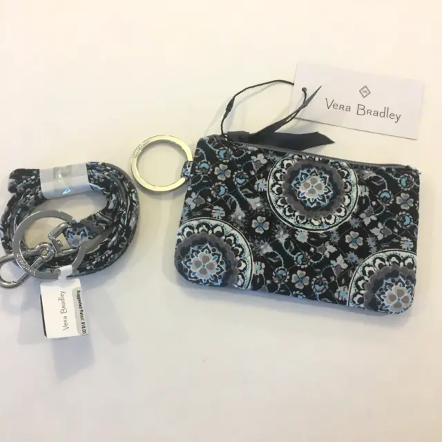 NWT Vera Bradley Zip ID Case & Lanyard Charcoal Medallion NEW Coin Purse Quilted