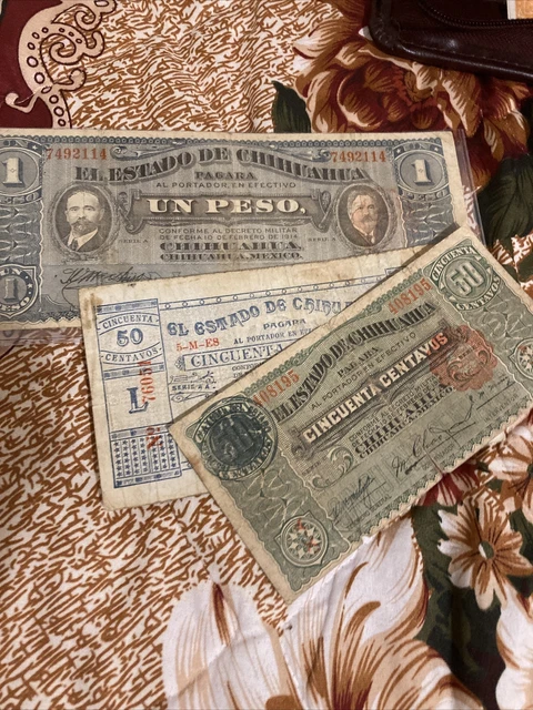 1915 EL ESTADO DE CHIHUAHUA BANKNOTES 50, 1 & PESOS and centavos