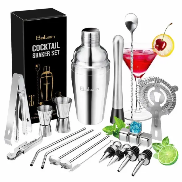Cocktail Set Shaker Kit 22 Pieces Acier Inoxydable Avec Accessoires Pro Barman