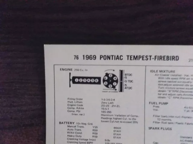 1969 Pontiac & Firebird EIGHT Series 215-230HP 250 CI L6 4BBL Tune Up Chart