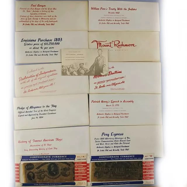 11 Antiqued Parchment Documents & Confederate Money Dec of Ind Pledge Allegiance