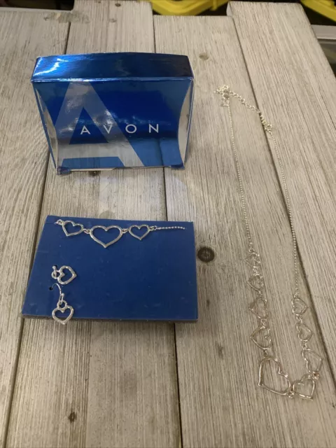 Avon Silver Tone Heart Necklace Bracelet Earring Set