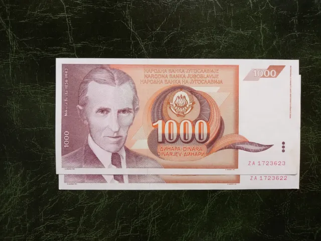 YUGOSLAVIA 1000 Dinara 1990 Tesla, prefix ZA, 2 pcs