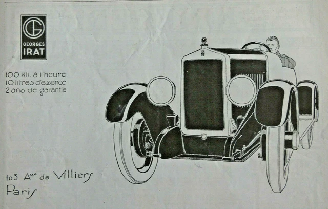 Publicité De Presse 1922 Automobiles Georges Irat 100 Kilomètre A L'heure 10 L