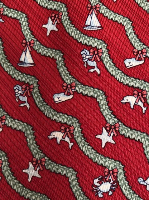 Vineyard Vines Youth Boys Silk Red Christmas Tie Green Garland Whales Star Print