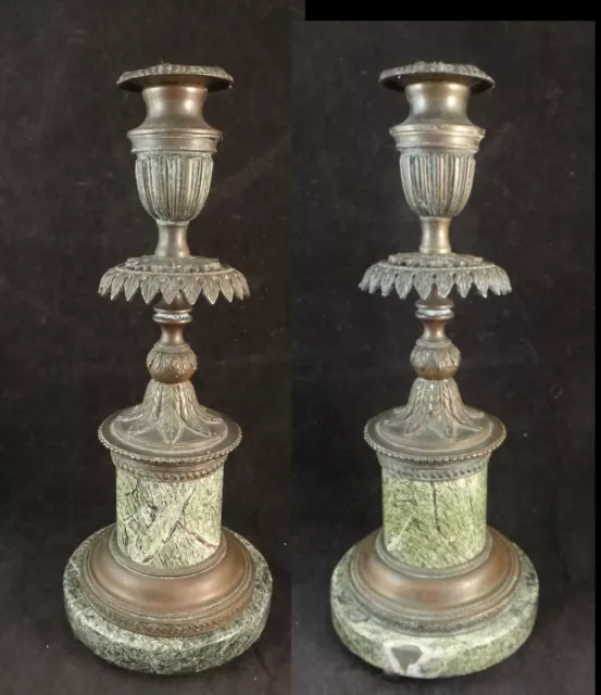 Pair of Antique French Empire Bronze & Marble Candlesticks, 19th c. 12” t.