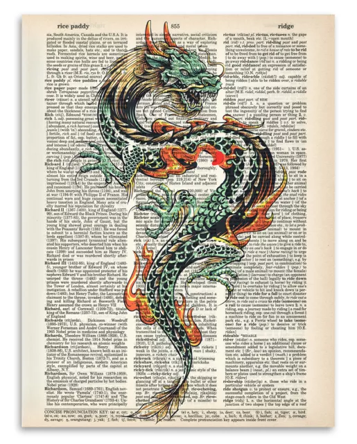 Upcycled Dictionary Art - Asian Dragon - 8.5x11 Gift Under Great Inspiring $20