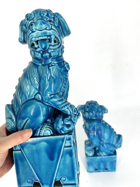 Antique Vtg PEKING PAIR Chinese Turquoise Blue Glazed LARGE Foo / FU Dogs12.5"X4
