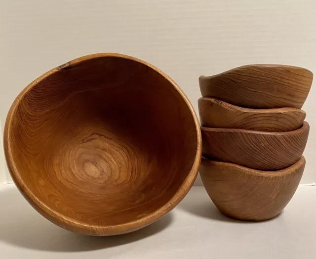 Vintage Mid Century Teak Wood Wooden Salad Bowls Set of 5 Handcrafted Waved Lip
