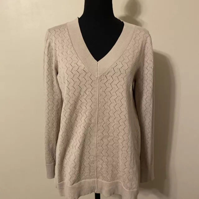 Cable & Gauge Womens Pointelle Light Knit Sweater V Neck Long Sleeve Beige Large