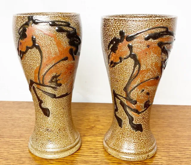 Rock Hard Stoneware Vase Goblet Set Running Horse Salt Glazed Signed Morris EUC