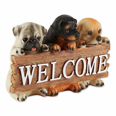Cute Little Polyresin Puppy Dog Charming Wood Style Welcome Sign Statue