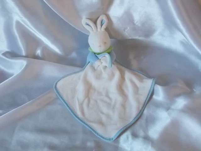Doudou lapin blanc, bleu, col vert, mouchoir, Klorane