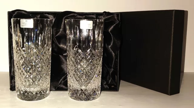 Pair of 24% Hand Cut Lead Crystal Hi-Ball Glasses in Silk Lined Presentation Box