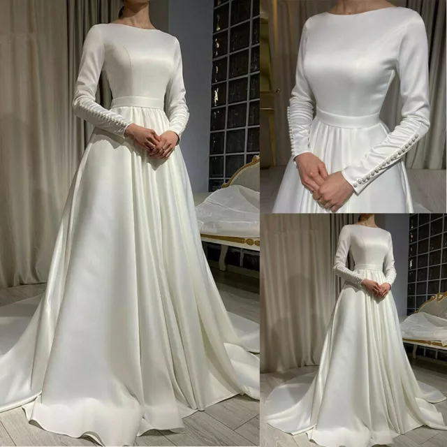 Elegant Wedding Dresses Muslim Long Sleeves Satin A Line Bridal Gown White Ivory