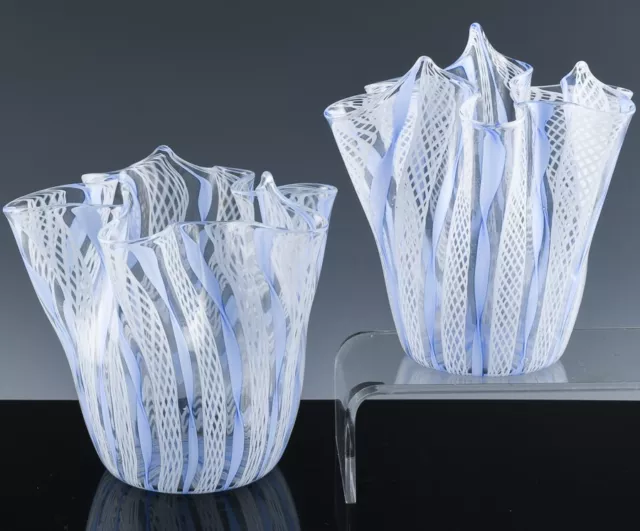 V.fine Pair Mcm Murano Italian Zanfirico Latticino Art Glass Handkerchief Vases