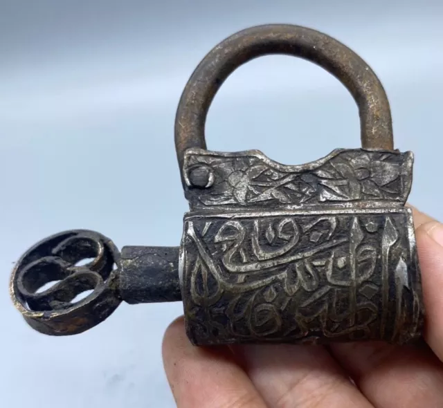 Ancient Old Islamic Era Beautiful Safavid Period Iron Padlock With Persian Engra