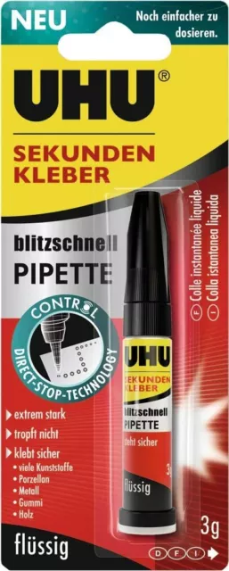 3x UHU 45570 Sekundenkleber blitzschnell Pipette Control 3g 45570 Kleber flüssig 2