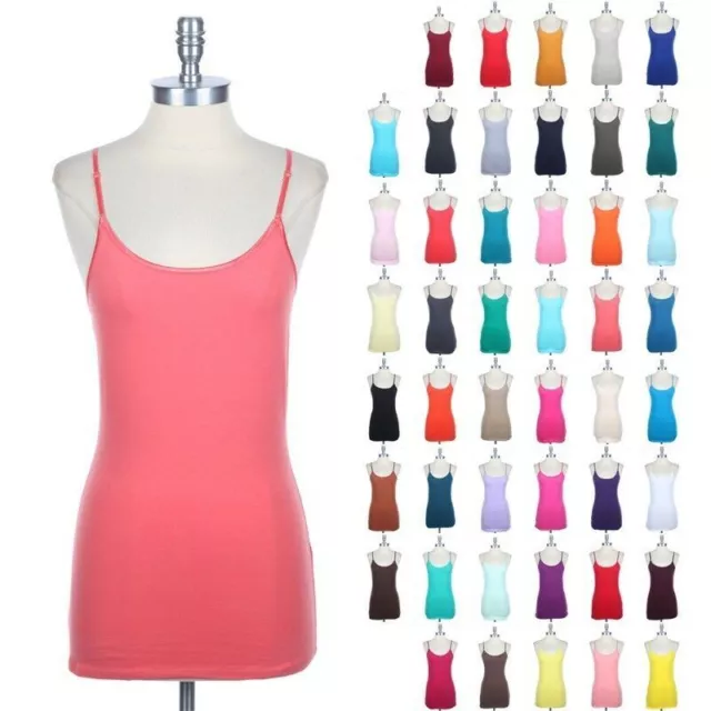 Womens Cotton Stretch Long Camisole Tank Top Cami Tunic Layering Plain  Solid