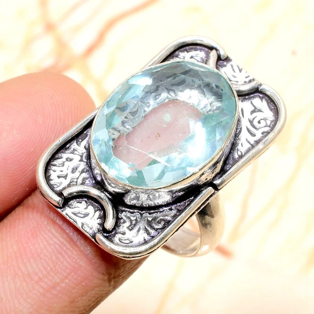 Swiss Blue Topaz Gemstone Handmade Gift Jewelry Ring Size 8 G618