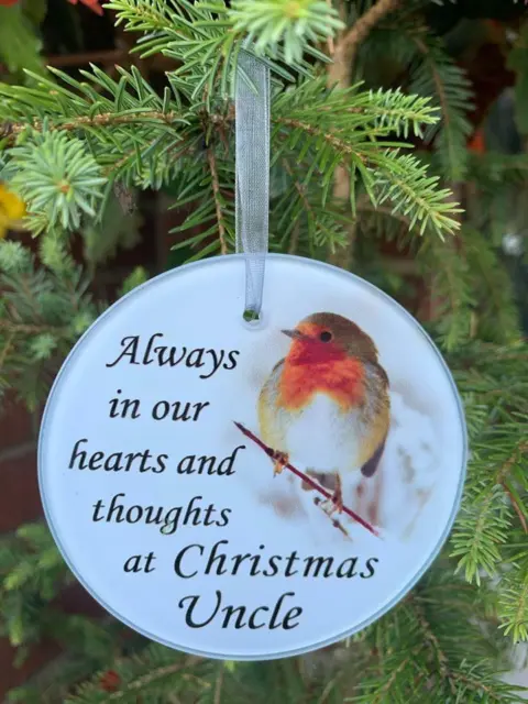 Uncle - Memorial Glass Robin Christmas Bauble - Tree Decoration Xmas Remembrance