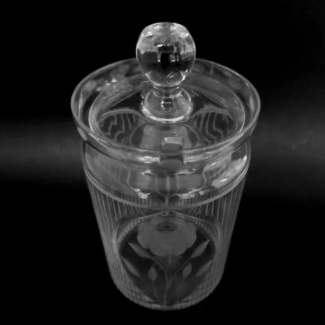 Antique Jelly Condiment Jam Jar With Lid 5.25" Clear Glass Etched Lines Rose