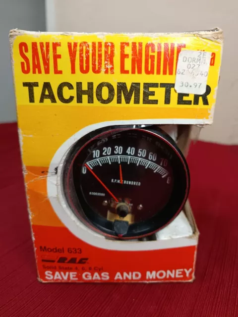 Vintage RAC 1970's Tachometer 8,000 RPM 12 Volt  Model 633 Solid State 4,6,8 Cyl